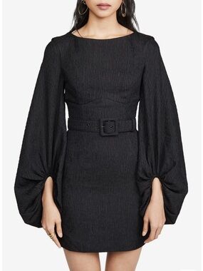 Rebecca Vallance Black Textured Belted Mini Dress with Statement Sleeves